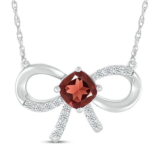 Cushion-Cut Garnet & White Lab-Created Sapphire Bow Necklace Sterling Silver 18"