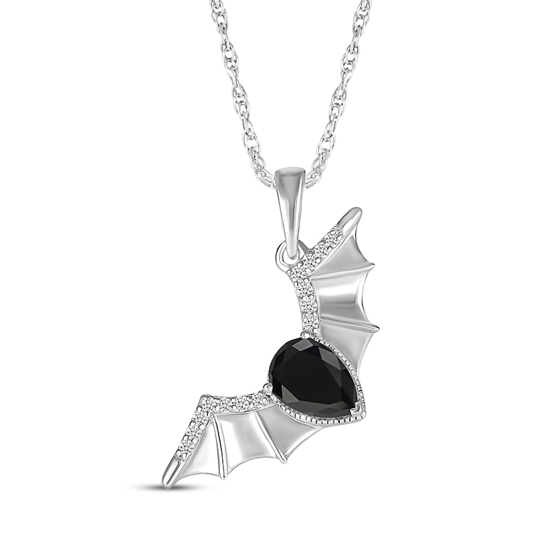 Main Image 1 of Pear-Shaped Black Spinel & White Lab-Created Sapphire Flying Bat Necklace Sterling Silver 18&quot;