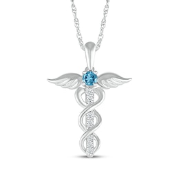 Swiss Blue Topaz & White Lab-Created Sapphire Caduceus Necklace Sterling Silver 18&quot;