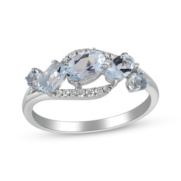 Oval & Round-Cut Aquamarine & Diamond Bypass Ring 1/15 ct tw 10K White Gold