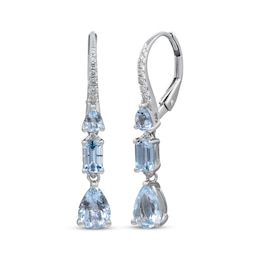 Pear-Shaped & Emerald-Cut Aquamarine & Diamond Drop Earrings 1/8 ct tw 10K White Gold