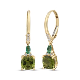 Cushion-Cut Peridot, Marquise-Cut Emerald & Diamond Drop Earrings 1/10 ct tw 10K Yellow Gold