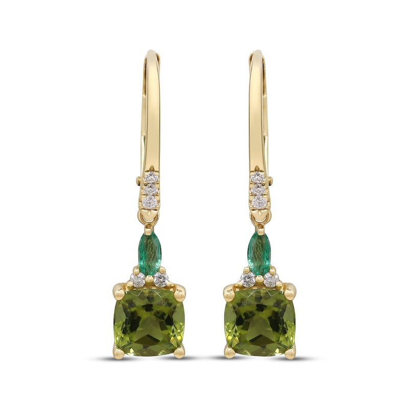 Main Image 2 of Cushion-Cut Peridot, Marquise-Cut Emerald & Diamond Drop Earrings 1/10 ct tw 10K Yellow Gold