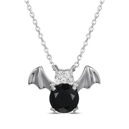 Black Agate & White Lab-Created Sapphire Bat Necklace Sterling Silver 18&quot;