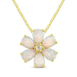 Pear-Shaped Lab-Created Opal & White Lab-Created Sapphire Flower Necklace 10K Yellow Gold 18&quot;