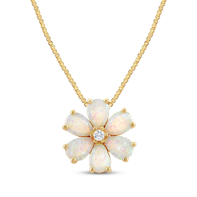 Main Image 1 of Pear-Shaped Lab-Created Opal & White Lab-Created Sapphire Flower Necklace 10K Yellow Gold 18&quot;