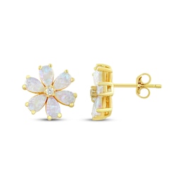 Pear-Shaped Lab-Created Opal & White Lab-Created Sapphire Flower Stud Earrings