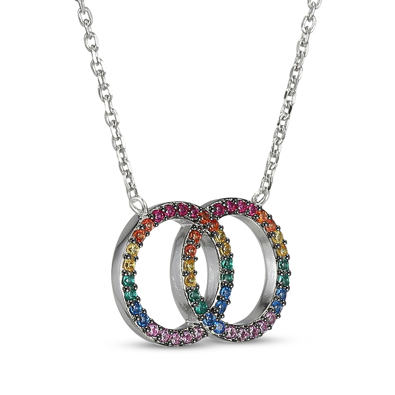 Main Image 2 of Lab-Created Gemstone Rainbow Linked Circles Necklace Sterling Silver 18&quot;