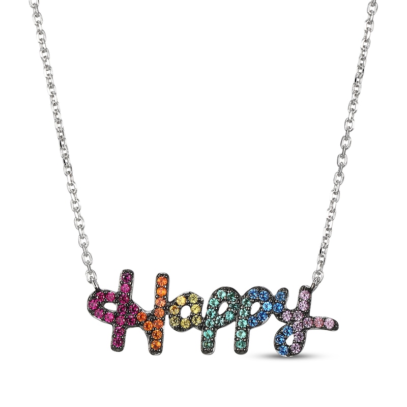 Main Image 1 of Lab-Created Gemstone Rainbow &quot;Happy&quot; Necklace Sterling Silver 18&quot;