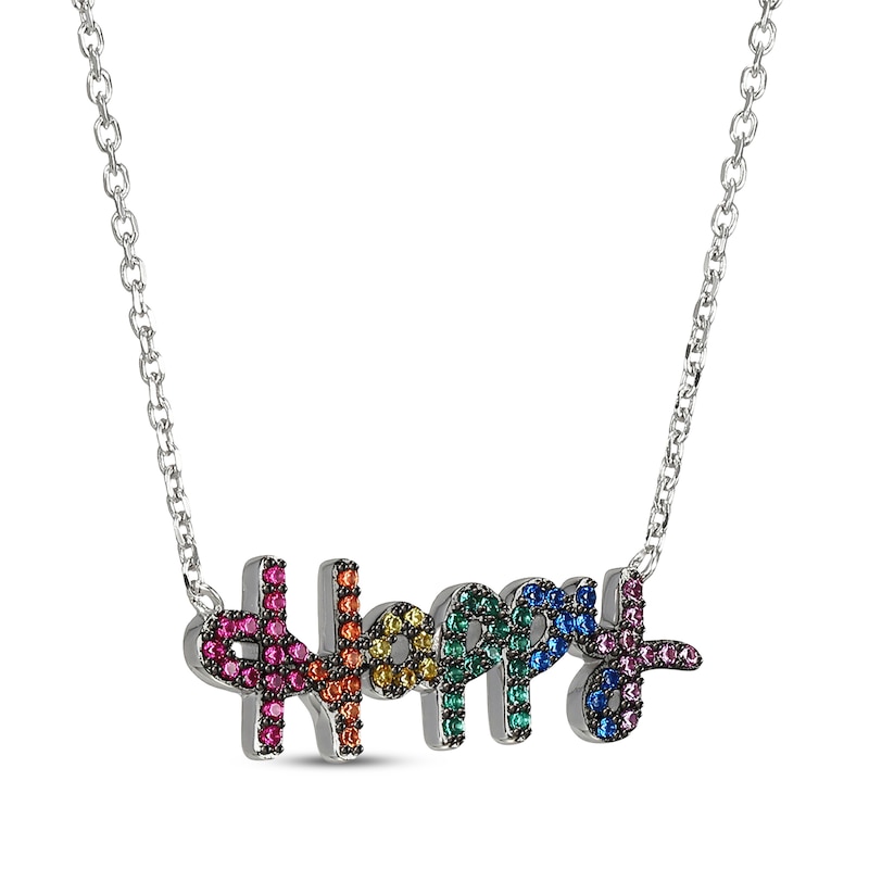 Main Image 2 of Lab-Created Gemstone Rainbow &quot;Happy&quot; Necklace Sterling Silver 18&quot;