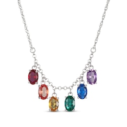 Oval-Cut Lab-Created Gemstone Rainbow Drop Necklace Sterling Silver 18&quot;