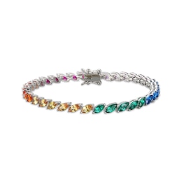 Marquise-Cut Multi Lab-Created Gemstone Rainbow Link Bracelet Sterling Silver 7.25&quot;