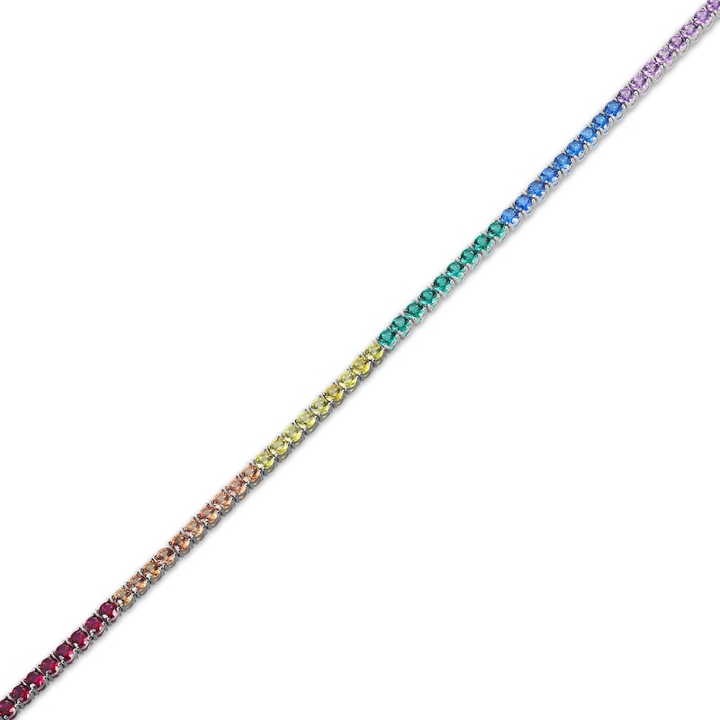 Multi Lab-Created Gemstone Rainbow Line Bracelet Sterling Silver 7.25"