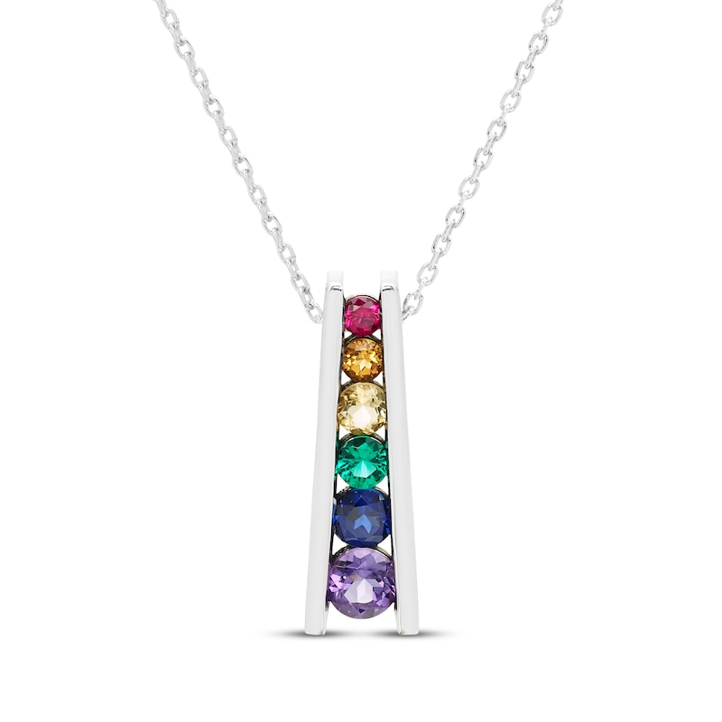 Main Image 1 of Natural & Lab-Created Gemstone Rainbow Ladder Necklace Sterling Silver 18&quot;