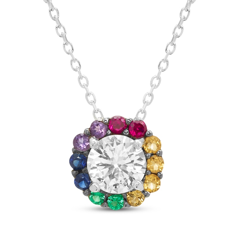 Main Image 1 of Natural & Lab-Created Gemstone Rainbow Halo Necklace Sterling Silver 18&quot;