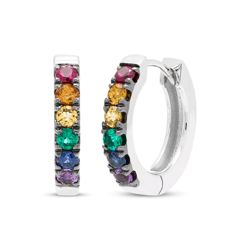 Main Image 1 of Natural & Lab-Created Gemstone Rainbow Hoop Earrings Sterling Silver