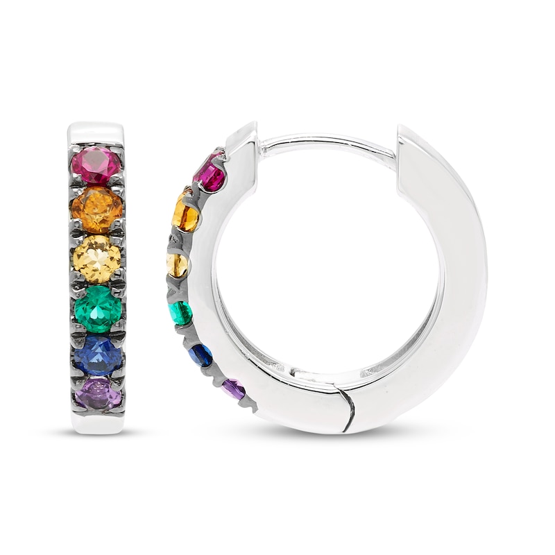 Main Image 3 of Natural & Lab-Created Gemstone Rainbow Hoop Earrings Sterling Silver