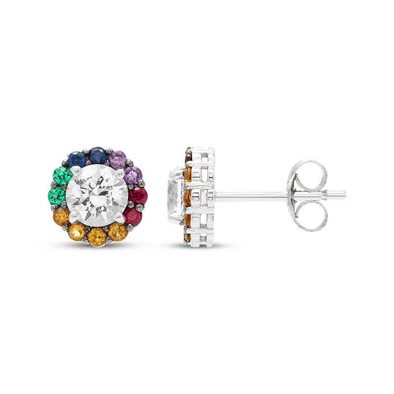 Main Image 3 of Natural & Lab-Created Gemstone Rainbow Halo Stud Earrings Sterling Silver