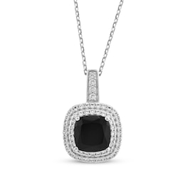 Cushion-Cut Black Onyx & White Lab-Created Sapphire Necklace Sterling Silver 18&quot;