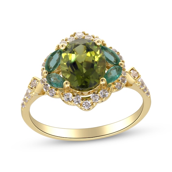 Oval-Cut Peridot, Emerald & White Topaz Ring 10K Yellow Gold