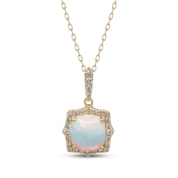 Cushion-Cut Opal & Diamond Arabesque Frame Necklace 1/6 ct tw 10K Yellow Gold 18&quot;