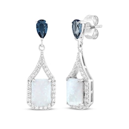 Emerald-Cut Lab-Created Opal, Pear-Shaped London Blue Topaz & White Lab-Created Sapphire Drop Earrings Sterling Silver