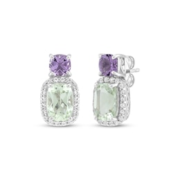 Cushion-Cut Green Quartz, Amethyst & White Lab-Created Sapphire Earrings Sterling Silver