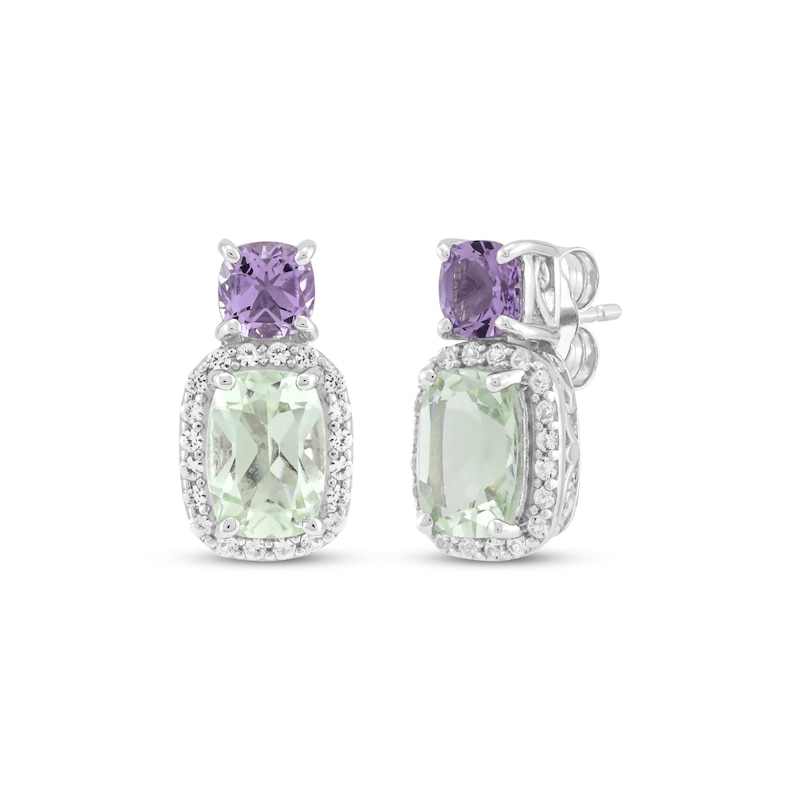 Main Image 1 of Cushion-Cut Green Quartz, Amethyst & White Lab-Created Sapphire Earrings Sterling Silver