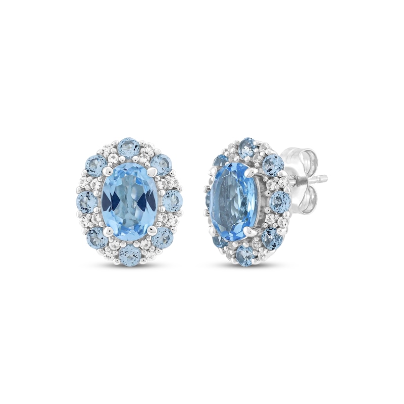 Main Image 1 of Oval-Cut Swiss Blue Topaz & White Lab-Created Sapphire Halo Stud Earrings Sterling Silver