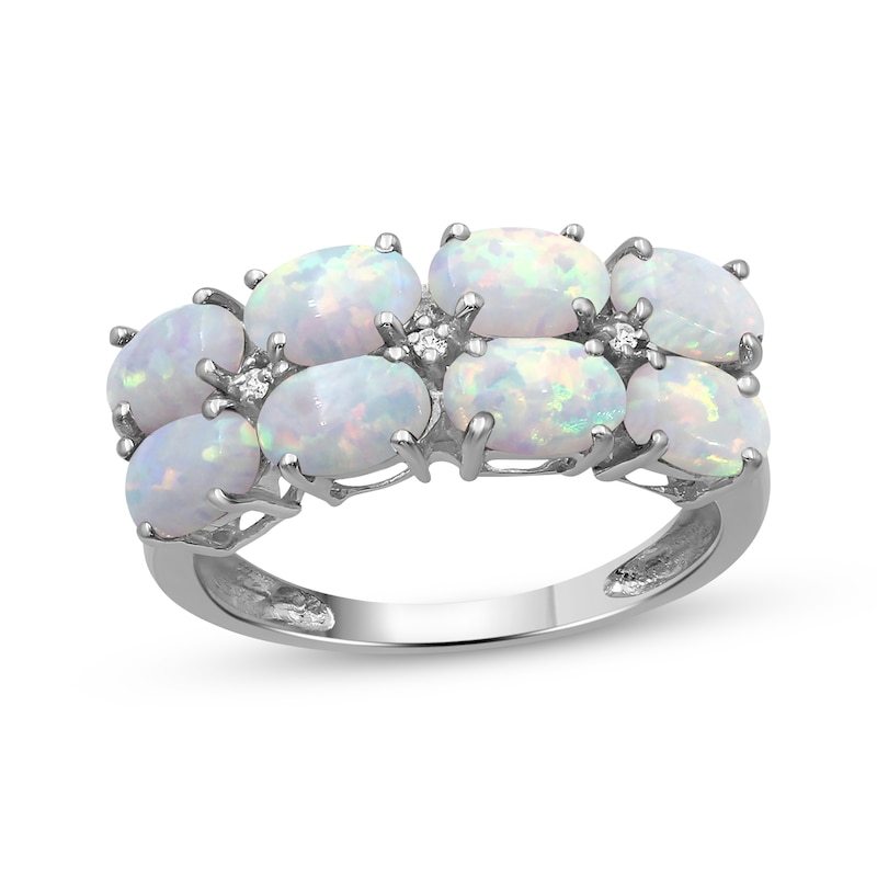 Main Image 1 of Oval-Cut Lab-Created Opal & White Lab-Created Sapphire Two-Row Ring Sterling Silver