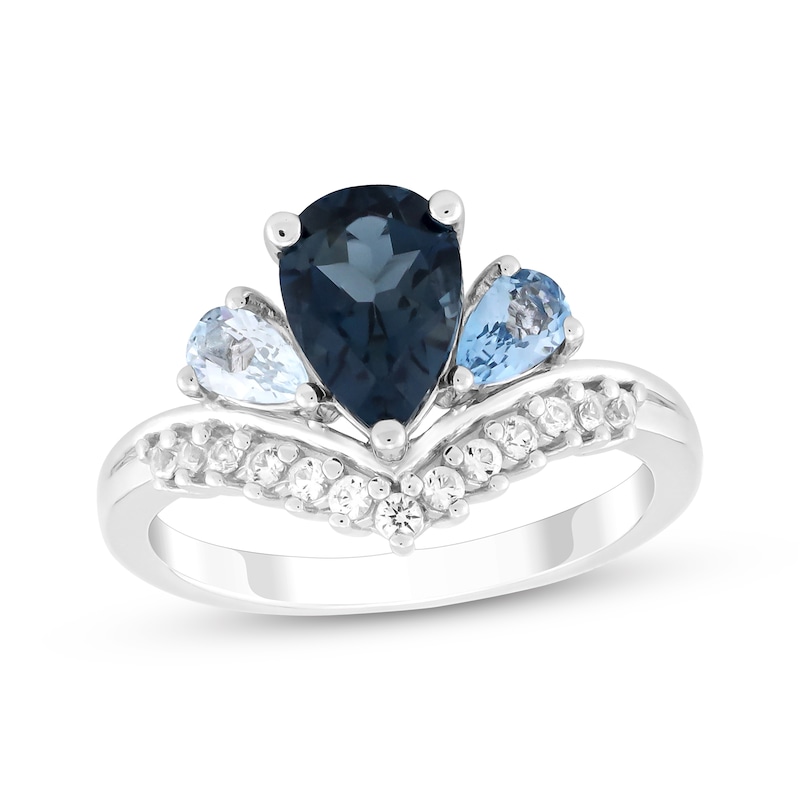 Main Image 1 of Pear-Shaped Sky, Swiss & London Blue Topaz, White Lab-Created Sapphire Ring Sterling Silver