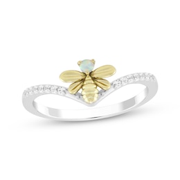 Lab-Created Opal & White Lab-Created Sapphire Bee Ring Sterling Silver & 10K Yellow Gold