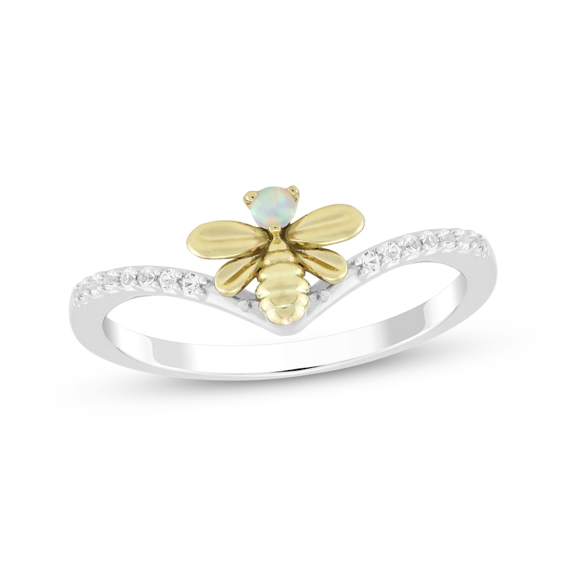 Main Image 1 of Lab-Created Opal & White Lab-Created Sapphire Bee Ring Sterling Silver & 10K Yellow Gold