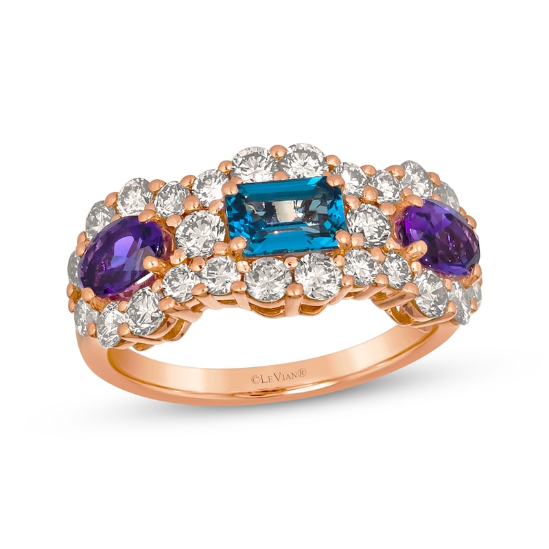 Main Image 1 of Le Vian Emerald-Cut Blue Topaz & Oval-Cut Amethyst Royalty Ring 1-5/8 ct tw Diamonds 14K Strawberry Gold