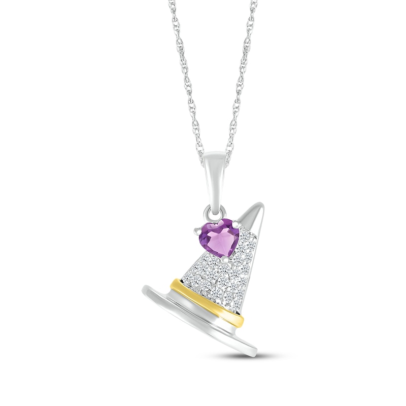 Heart-Shaped Amethyst & White Lab-Created Sapphire Witch Hat Necklace Sterling Silver & 10K Yellow Gold 18"