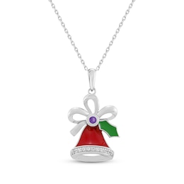 Amethyst, White Lab-Created Sapphire, Red & Green Enamel Christmas Bell Necklace Sterling Silver 18&quot;