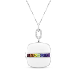 Square-Cut Natural & Lab-Created Gemstone Locket Necklace White Enamel & Sterling Silver 18&quot;