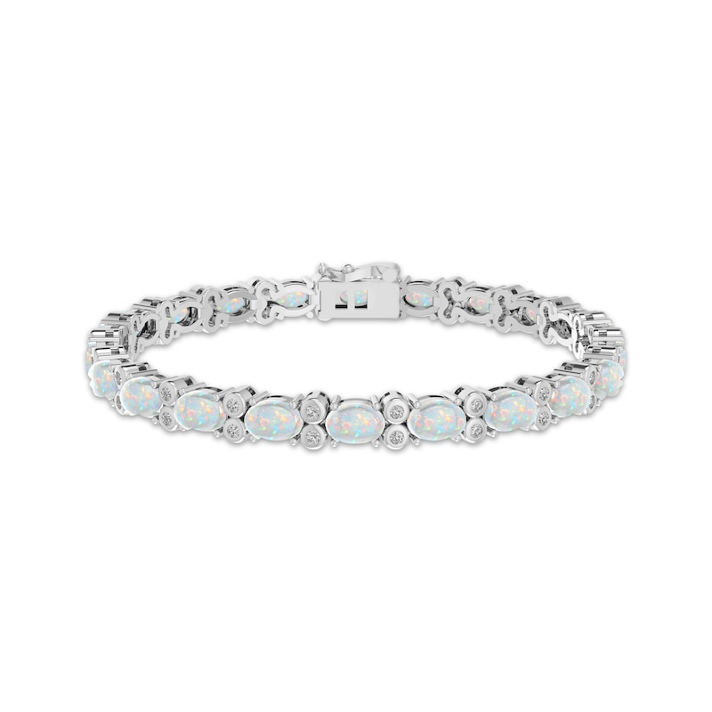 Main Image 1 of Oval-Cut Lab-Created Opal & White Lab-Created Sapphire Bracelet Sterling Silver 7.5&quot;