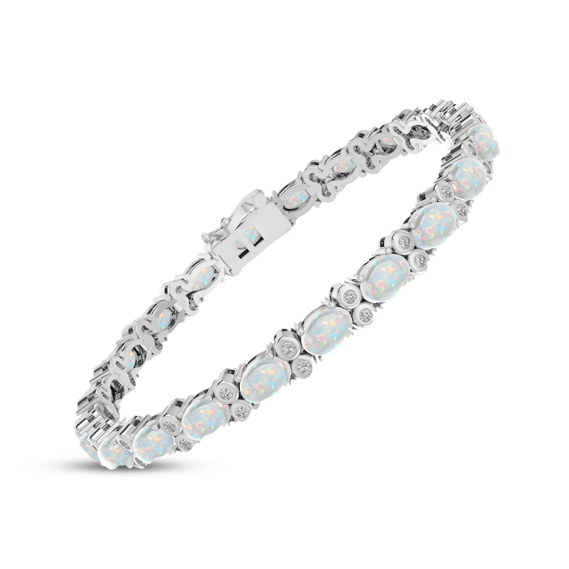 Main Image 2 of Oval-Cut Lab-Created Opal & White Lab-Created Sapphire Bracelet Sterling Silver 7.5&quot;