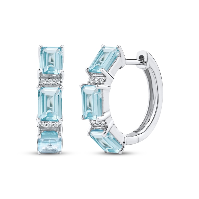 Main Image 1 of Octagon-Cut Aquamarine & White Lab-Created Sapphire Hoop Earrings Sterling Silver