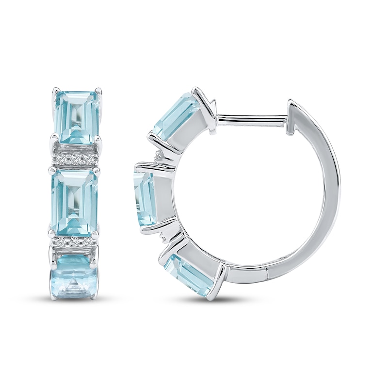 Main Image 3 of Octagon-Cut Aquamarine & White Lab-Created Sapphire Hoop Earrings Sterling Silver