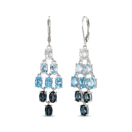 Oval-Cut Sky, Swiss and London Blue Topaz, White Lab-Created Sapphire Chandelier Earrings Sterling Silver
