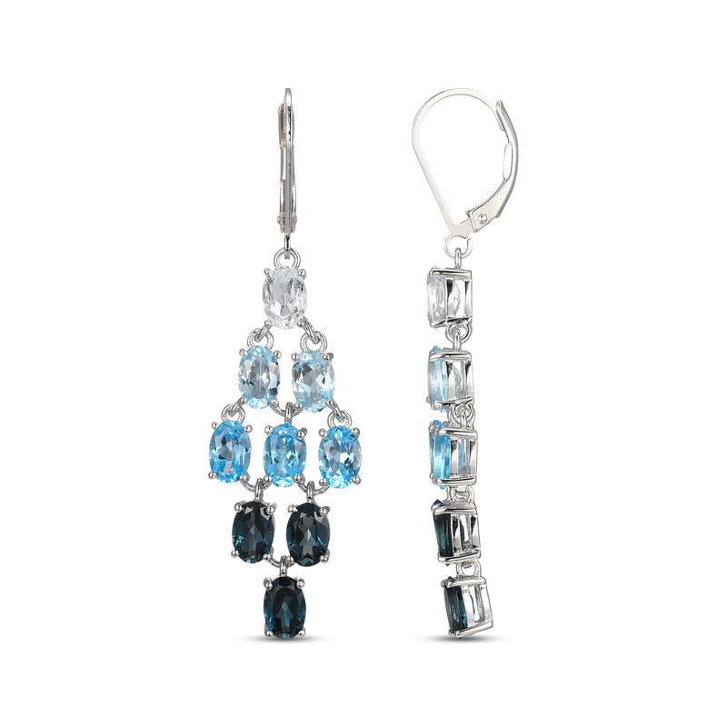 Main Image 3 of Oval-Cut Sky, Swiss and London Blue Topaz, White Lab-Created Sapphire Chandelier Earrings Sterling Silver