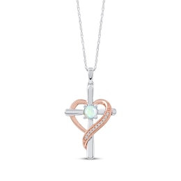 Opal & Diamond Accent Cross Necklace with Heart Sterling Silver & 10K Rose Gold 18&quot;