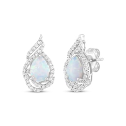 Pear-Shaped Lab-Created Opal & White Lab-Created Sapphire Teardrop Swirl Earrings Sterling Silver