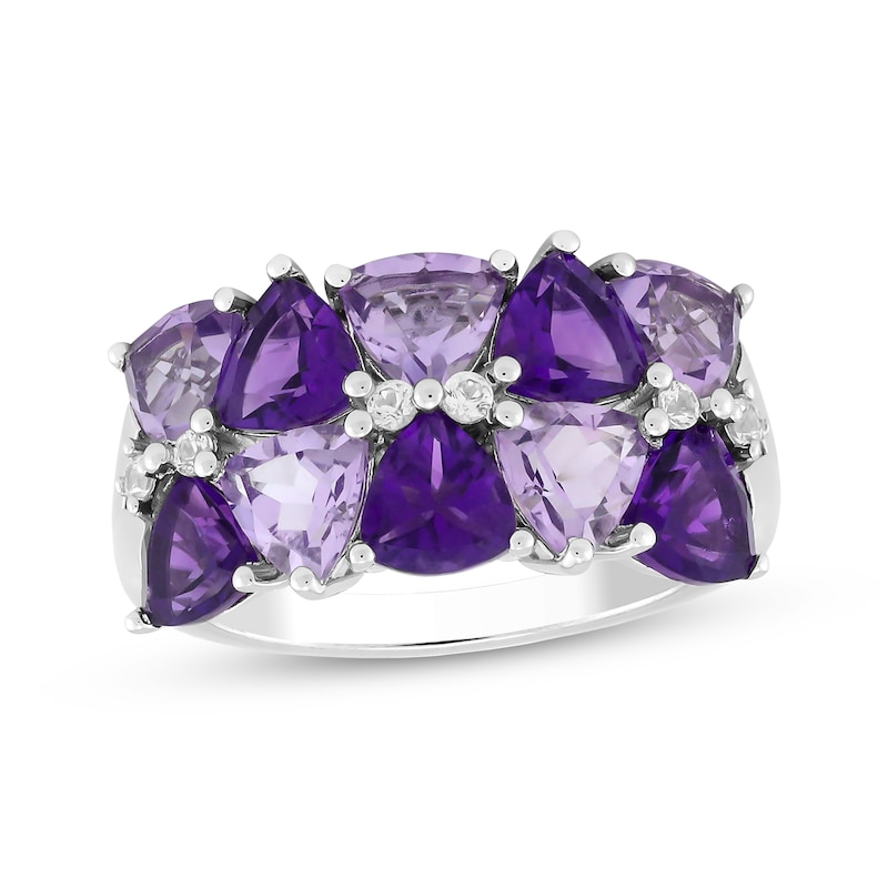 Main Image 1 of Trillion-Cut Amethyst & White Lab-Created Sapphire Two-Row Ring Sterling Silver