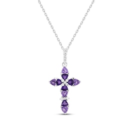 Trillion-Cut Amethyst & White Lab-Created Sapphire Cross Necklace Sterling Silver 18&quot;