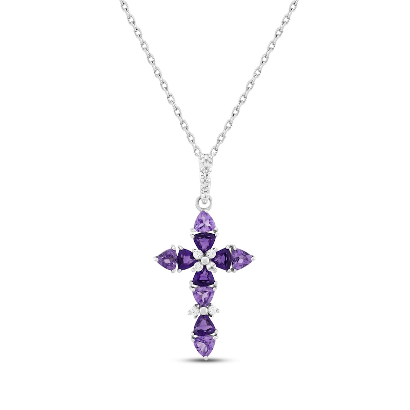 Main Image 1 of Trillion-Cut Amethyst & White Lab-Created Sapphire Cross Necklace Sterling Silver 18&quot;