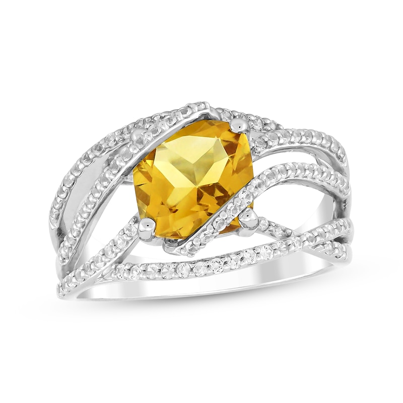 Main Image 1 of Cushion-Cut Citrine & White Lab-Created Sapphire Crossover Ring Sterling Silver