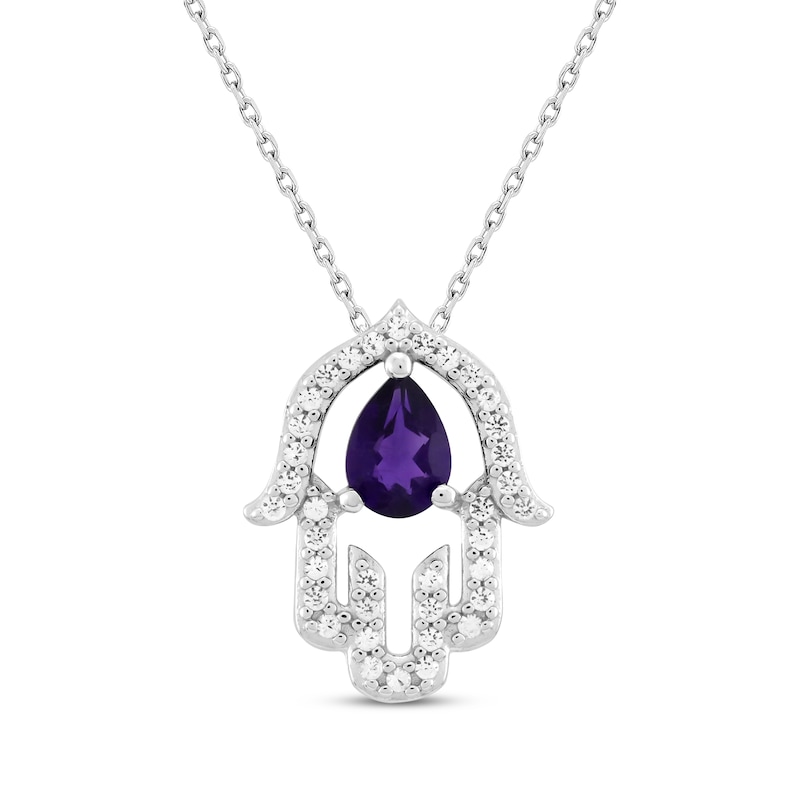 Pear-Shaped Amethyst & White Lab-Created Sapphire Hamsa Necklace Sterling Silver 18"